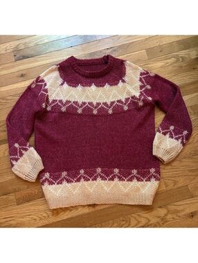 XXL Burgundy and Beige Mohair Knit Sweater with Geometric Pattern